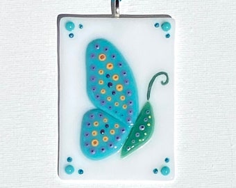 Turquoise Butterfly on White Glass Ornament