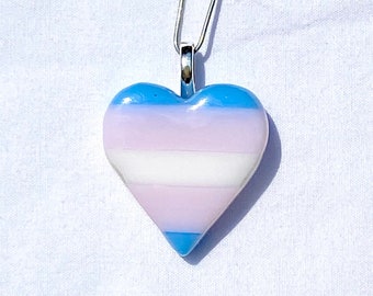 Trans Flag Heart Glass Pendant Horizontal Stripes