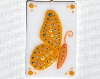 Orange Butterfly on White Glass Ornament