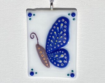 Blue Butterfly on White Glass Tile Ornament