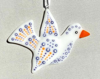 White Folk Art Glass Bird with Purple and Orange Spots