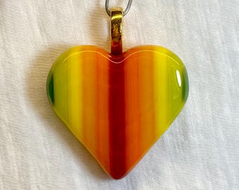 Glass Heart with Green Yellow Orange Red Stripes