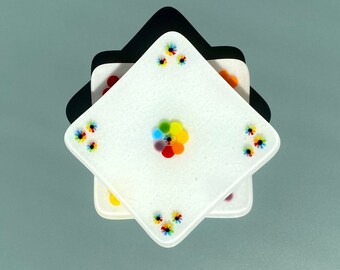 Coaster Set White Floral Rainbow