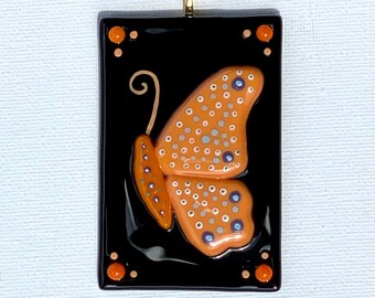 Orange Butterfly on Black Glass Ornament