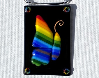Rainbow Butterfly on Black Glass Ornament #2