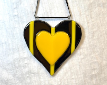 Glass Heart Ornament with Black and Yellow