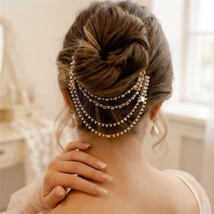 Rhinestone Hair Chain, Bridal Crystal Hair Jewelry, Draped Wedding Hairpiece, Gold Bridal Hair Accessory for Bun Updo, Prom Hair Chain