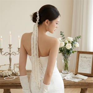 Long Pearl Bridal Hair Chain, Wedding Hair Accessory, Cascading Pearl Headpiece, Bridal Hair Jewelry, Pearl Tassel Hair Piece for Bride