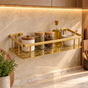 Könnte beinhalten: Ein rechteckiges Wandregal aus goldfarbenem Metall mit geschlitztem Boden. Das Regal enthält einen weißen Keramikbehälter mit Holzdeckel, zwei klare Glasbehälter mit Holzdeckeln für Kräuter und Pfefferkörner, eine Ölflasche und eine kleine Schale.