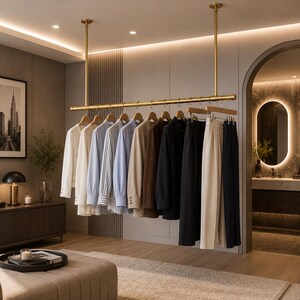 Brass Ceiling Mounted Clothes Rail | Hanging Garment Rail | Laundry Drying Rail | Entryway Coat Rail | Custom Clothing Rail