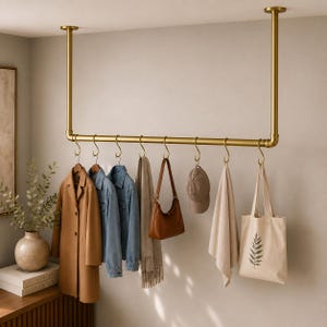 Brass Ceiling Mounted Clothes Rail | Hanging Garment Rail with S Hooks | Laundry Drying Rail | Entryway Coat Rail | Custom Clothing Rail