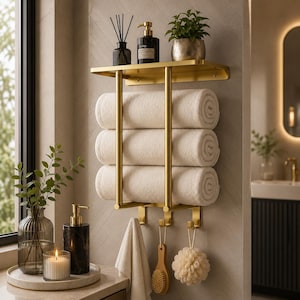 Brass Towel Rack with Shelf | Wall Mounted Bathroom Organizer | Luxury Towel Holder with Hooks