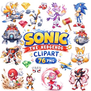 May include: A digital collection of Sonic the Hedgehog character illustrations featuring Sonic, Tails, Knuckles, Amy, Shadow, Blaze, and Dr. Eggman. The central text reads SONIC THE HEDGEHOG CLIPART 76 PNG, surrounded by colorful gems, planes, and weapons.