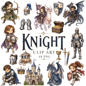 Könnte beinhalten: Eine digitale Sammlung von Fantasy-Illustrationen mit Rittern, Drachen, einer Burg, einer Schatztruhe, einer Kutsche und Rüstungsteilen. Der zentrale Text lautet KNIGHT CLIP ART 48 PNG und zeigt verschiedene Figuren in mittelalterlicher Kleidung.