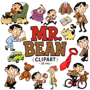 Puede incluir: Una colección de ilustraciones digitales de Mr. Bean que muestran al personaje en varias poses, un oso de peluche marrón, un coche verde, una corbata roja, una chaqueta marrón, un periódico y otras figuras, con el texto MR. BEAN CLIPART 36 PNG centrado.