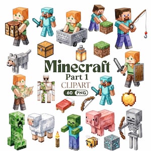 May include: A collection of Minecraft digital illustrations featuring characters like Alex and Steve, animals such as a wolf, sheep, pig, and bee, plus game items including a crafting table, chest, lantern, grass block, sword, shield, bow, and bed.