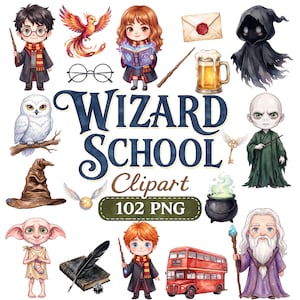 Puede incluir: Una colección de ilustraciones digitales titulada WIZARD SCHOOL Clipart 102 PNG que presenta personajes chibi, un fénix, un búho nival, un sombrero, un caldero, un autobús rojo de dos pisos, una varita, gafas, una carta y una figura oscura.