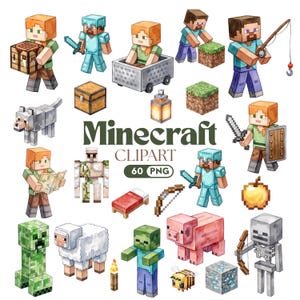 May include: A collection of Minecraft digital clipart featuring pixelated characters including Steve, Alex, a creeper, a zombie, a skeleton, a wolf, a pig, a sheep, and a bee, alongside various game items like swords, tools, blocks, and a bed with the text Minecraft CLIPART 60 PNG.
