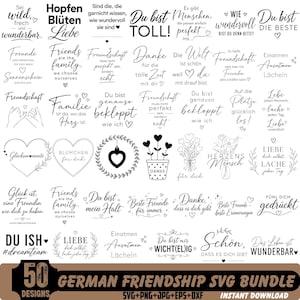 Op de afbeelding: Een verzameling van 50 zwart-wit digitale ontwerpen met Duitse zinnen over vriendschap, liefde en geluk, versierd met hartjes, bloemen en kransen. De tekst bevat citaten zoals 'Du bist toll' en 'Freunde sind die Familie'.