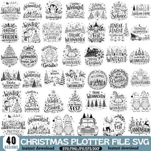 Op de afbeelding: Een verzameling van 40 zwart-wit kerstontwerpen als digitale bestanden met illustraties van kabouters, sneeuwpoppen, winterlandschappen, feestelijke vrachtwagens en teksten zoals Merry Christmas, Winterzeit en Frohe Weihnachten.