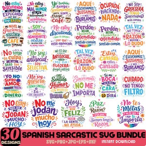 Paquete de SVG sarcásticos en español, citas divertidas en español, humor latino, frases en español en formato PNG, archivos de corte para Cricut, descarga digital.
