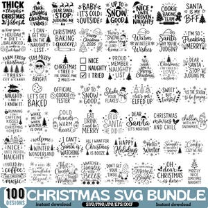 May include: A collection of 100 black and white Christmas-themed digital designs featuring various holiday phrases, festive typography, and seasonal icons like Santa, snowmen, trees, and snowflakes, presented as a comprehensive SVG bundle.