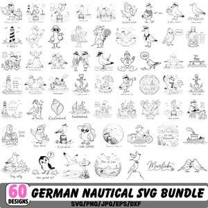 Peut inclure: Un ensemble de 60 illustrations en noir et blanc au trait représentant des thèmes nautiques, des mouettes, des phares, des bateaux et des ancres. Chaque motif inclut divers éléments maritimes et des phrases en allemand, formant un lot graphique.