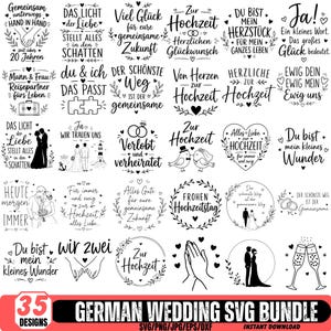 Puede incluir: Una colección de 35 diseños gráficos digitales en blanco y negro con frases sobre bodas en alemán, ilustraciones de parejas, anillos de boda, corazones y elementos florales, presentados como un paquete para proyectos.