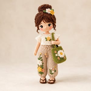 Puede incluir: Una muñeca de ganchillo con pelo castaño recogido en un moño, que lleva un top blanco con una pequeña flor amarilla, pantalones beige con cordón y bordados florales, y sandalias marrones. La muñeca lleva un bolso verde decorado con una margarita.