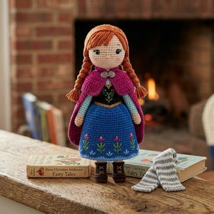 May include: A crocheted doll with auburn hair in two braids, wearing a magenta cape with a silver clasp, a black bodice with green embroidery, and a blue skirt featuring floral patterns. The doll wears brown boots and stands on a wooden surface.
