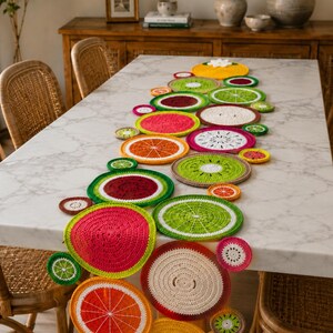Crochet Fruit Table Runner Pattern PDF, colorful Fruits decor, Watermelon Kiwi Lemon Orange
