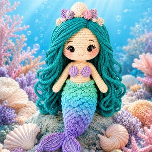 Patrón de muñeca sirena en PDF, amigurumi, crochet para principiantes, descarga digital.
