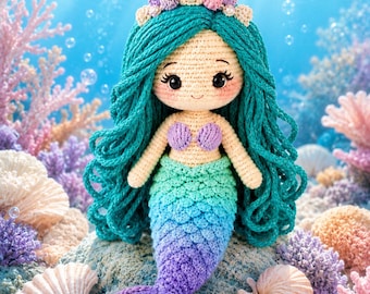 Peut inclure: Une poupée sirène au crochet avec de longs cheveux en laine bleu sarcelle, un torse crème et un haut de bikini en forme de coquillages violets. La queue présente un dégradé de bleu sarcelle, bleu et violet avec des écailles et une nageoire.