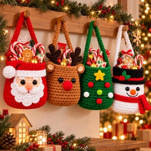 May include: Four crocheted holiday treat bags hanging on a wooden rack. The bags feature designs of Santa Claus, a reindeer, a Christmas tree, and a snowman. Each bag is filled with assorted candies, small gifts, and festive decorations.