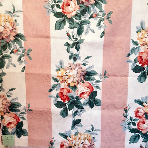 Vintage Drapery Fabric  by PK Kaufmann, Heavy cotton Pink floral stripe design, 1.5 yards 54" wide