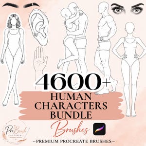 May include: A digital art resource bundle featuring 4600+ human characters, body parts, and facial features in line art style. The text reads 4600+ HUMAN CHARACTERS BUNDLE Brushes, PREMIUM PROCREATE BRUSHES, and ProBrush Studio.