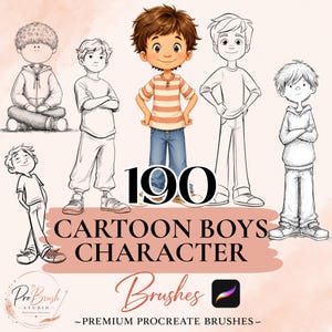 Procreate Cartoon Boys Poses Brushes, 190 Cartoon Boys Character Poses Procreate Stamps, Cartoon Male Characters, Cute Boys Poses, Cartoon