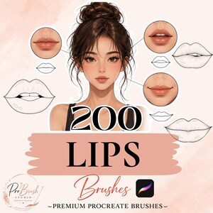 Könnte beinhalten: Ein digitales Illustrationsset mit 200 Lippen-Pinseln für Procreate. Das Bild zeigt ein zentrales Porträt einer Person mit braunem Haar im Dutt, umgeben von verschiedenen realistischen Lippen-Nahaufnahmen und schwarz-weißen Linienskizzen.