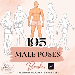 Könnte beinhalten: Eine digitale Kunstressource mit 195 männlichen Posen, bestehend aus Linienskizzen von Figuren in verschiedenen Haltungen und einer zentralen farbigen Illustration. Der Text lautet 195 MALE POSES, Brushes und PREMIUM PROCREATE BRUSHES mit Logo.