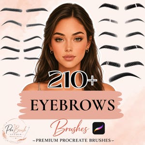 May include: A digital illustration of a person with brown hair surrounded by various black eyebrow shapes. The text reads 210+ EYEBROWS Brushes PREMIUM PROCREATE BRUSHES. A Pro Brush Studio logo and a Procreate app icon are visible on the page.
