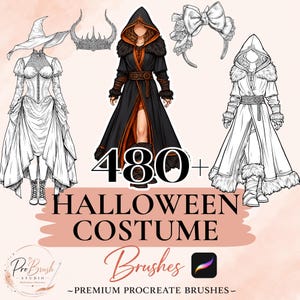 May include: A digital illustration set featuring 480+ Halloween costume brushes for Procreate. The image displays line art and colored character designs including a witch outfit, a horned crown, a hooded fur-trimmed cloak, and a bow headband.