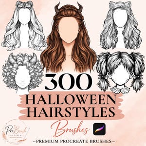 Pode incluir: Uma coleção digital de 300 pincéis de penteados de Halloween para Procreate, apresentando vários designs de cabelo ilustrados, incluindo estilos ondulados, marias-chiquinhas e chifres. O texto diz 300 HALLOWEEN HAIRSTYLES Brushes PREMIUM PROCREATE BRUSHES.