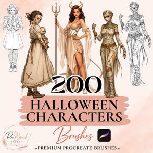 May include: A digital collection of 200 Halloween characters brushes for Procreate featuring illustrations of a girl with a lollipop, a doll-holding figure, a horned character with a trident, and two mummies in both line art and colored styles.