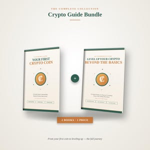 May include: A two-book Crypto Guide Bundle featuring the titles Your First Crypto Coin and Level Up Your Crypto Beyond The Basics. The covers are cream-colored with dark green and orange accents, displaying a central coin icon and text.