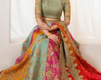 New Hand Embellished Lehenga Choli Set Raw Silk Chiffon Mehndi Wedding Wear Multicolor with Dupatta