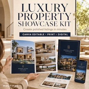 Puede incluir: Un kit de presentación de propiedades de lujo que incluye un folleto, un volante y un teléfono inteligente con materiales de marketing inmobiliario. El texto dice LUXURY PROPERTY SHOWCASE KIT, CANVA EDITABLE, PRINT + DIGITAL y MODERN LIVING ELEVATED.