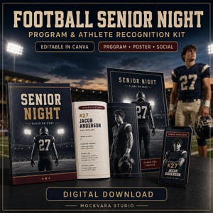 Puede incluir: Un kit digital de reconocimiento de atletas para la noche de seniors de fútbol, con plantillas para programa, póster y redes sociales. El diseño en azul oscuro y dorado incluye el texto Football Senior Night y Class of 2027.