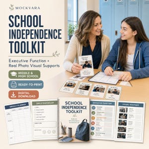 Könnte beinhalten: Ein Schul-Unabhängigkeits-Toolkit mit einem spiralgebundenen Handbuch, Wochenplanern, täglichen Checklisten und visuellen Unterstützungskarten. Die Materialien enthalten Text wie Executive Function und School Independence Toolkit.