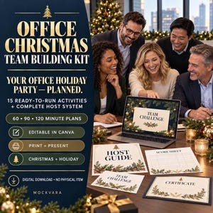 May include: A digital Office Christmas Team Building Kit featuring 15 activities, a host system, and editable templates. The set includes a host guide, score sheet, team challenge cards, and certificates, all decorated with festive pine and gold ornaments.