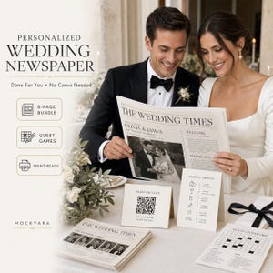 Personalized Wedding Newspaper, Custom Wedding Program With Guest Games and QR Photo Sign